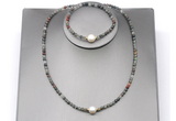 CFN636 4mm faceted round African bloodstone & potato white freshwater pearl jewelry set