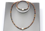 CFN638 4mm faceted round picasso jasper & potato white freshwater pearl jewelry set