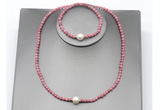 CFN642 4mm faceted round pink wooden jasper & potato white freshwater pearl jewelry set