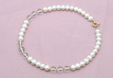 CFN710 9mm - 10mm potato white freshwater pearl & white crystal necklace