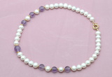 CFN712 9mm - 10mm potato white freshwater pearl & amethyst necklace