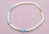 CFN716 9mm - 10mm potato white freshwater pearl & aquamarine necklace