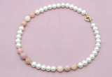 CFN721 9mm - 10mm potato white freshwater pearl & pink opal necklace