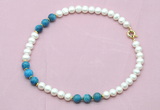 CFN723 9mm - 10mm potato white freshwater pearl & apatite necklace