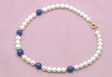 CFN724 9mm - 10mm potato white freshwater pearl & lapis lazuli necklace