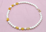 CFN729 9mm - 10mm potato white freshwater pearl & yellow banded agate necklace