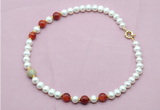 CFN731 9mm - 10mm potato white freshwater pearl & red banded agate necklace