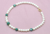 CFN732 9mm - 10mm potato white freshwater pearl & green banded agate necklace