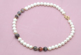 CFN735 9mm - 10mm potato white freshwater pearl & botswana agate necklace