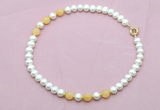 CFN740 9mm - 10mm potato white freshwater pearl & honey jade necklace