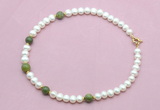 CFN741 9mm - 10mm potato white freshwater pearl & China jade necklace