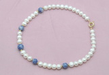 CFN742 9mm - 10mm potato white freshwater pearl & blue spot stone necklace