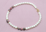 CFN747 9mm - 10mm potato white freshwater pearl & rhodonite necklace