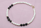 CFN751 9mm - 10mm potato white freshwater pearl & golden obsidian necklace