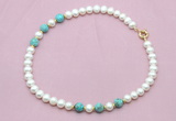 CFN762 9mm - 10mm potato white freshwater pearl & blue sea sediment jasper necklace