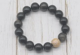 CGB5678 10mm, 12mm black obsidian beads with zircon ball charm bracelets