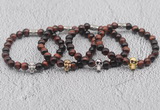 CGB6015 8mm round red tiger eye bracelet with skull for men