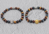 CGB6025 8mm round grade AA colorful tiger eye bracelet with lion head for men