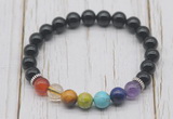 CGB6214 8mm black onyx 7 chakra beaded mala stretchy bracelets