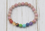 CGB6231 8mm pink wooden jasper 7 chakra beaded mala stretchy bracelets