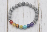 CGB6234 8mm grey picture jasper 7 chakra beaded mala stretchy bracelets