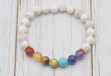 CGB6275 8mm white howlite 7 chakra beaded mala stretchy bracelets