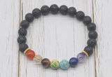 CGB6296 8mm black lava 7 chakra beaded mala stretchy bracelets