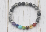 CGB6364 8mm black water jasper 7 chakra beaded mala stretchy bracelets