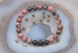 CGB6411 8mm round rhodonite & black lava beaded bracelets