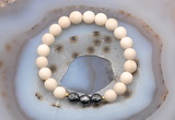 CGB6489 8mm round matte white fossil jasper & faceted hematite beaded bracelets