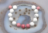 CGB6768 10mm round white howlite & pink wooden jasper adjustable bracelets