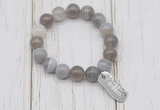 CGB6848 10mm, 12mm grey banded agate beaded bracelet with alloy pendant