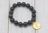 CGB6856 10mm, 12mm black banded agate beaded bracelet with alloy pendant