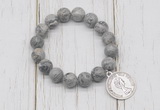 CGB6876 10mm, 12mm grey picture jasper beaded bracelet with alloy pendant