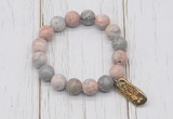 CGB6879 10mm, 12mm pink zebra jasper beaded bracelet with alloy pendant