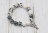 CGB6884 10mm, 12mm black & white jasper beaded bracelet with alloy pendant