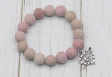 CGB6900 10mm, 12mm matte pink wooden jasper beaded bracelet with alloy pendant