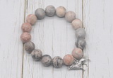 CGB6903 10mm, 12mm matte pink zebra jasper beaded bracelet with alloy pendant