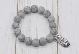 CGB6906 10mm, 12mm matte grey picture jasper beaded bracelet with alloy pendant