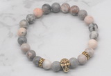 CGB7355 8mm pink zebra jasper bracelet with skull for men or women