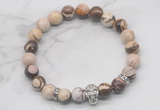 CGB7356 8mm brown zebra jasper bracelet with skull for men or women