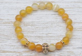 CGB7441 8mm yellow banded agate bracelet with skull for men or women