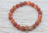 CGB7443 8mm red banded agate bracelet with skull for men or women