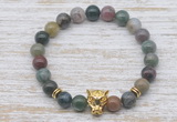 CGB7465 8mm Indian agate bracelet with leopard head for men or women