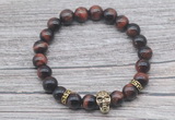 CGB7518 8mm red tiger eye bracelet with skull for men or women