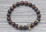 CGB7519 8mm red tiger eye bracelet with skull for men or women