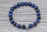 CGB7524 8mm blue tiger eye bracelet with skull for men or women