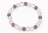 CGB8001 8mm white crystal, rose quartz & smoky quartz beaded stretchy bracelets