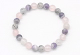 CGB8003 8mm black rutilated quartz, dogtooth amethyst & rose quartz beaded stretchy bracelets