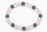 CGB8004 8mm black agate, white crystal & rose quartz beaded stretchy bracelets